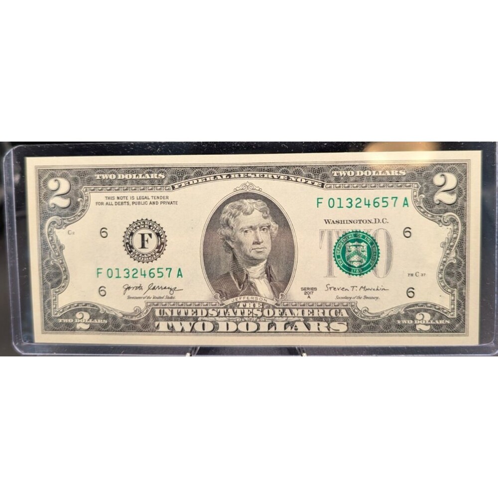 2017 2 Dollar Bill Broken Ladder Serial F01324657A Paper Money